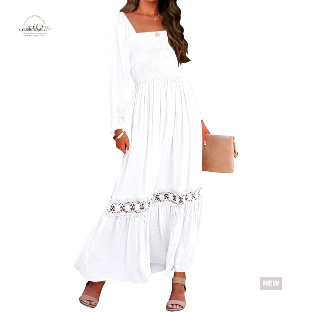Long Sleeve Square Neck Smocked Maxi Dress High Waist Flowy A Line